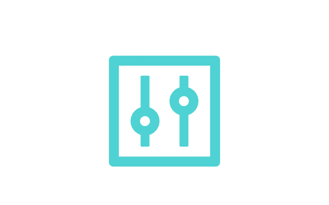 A teal icon of a control panel featuring two vertical sliders inside a square frame, symbolizing adjustable settings or customization options.