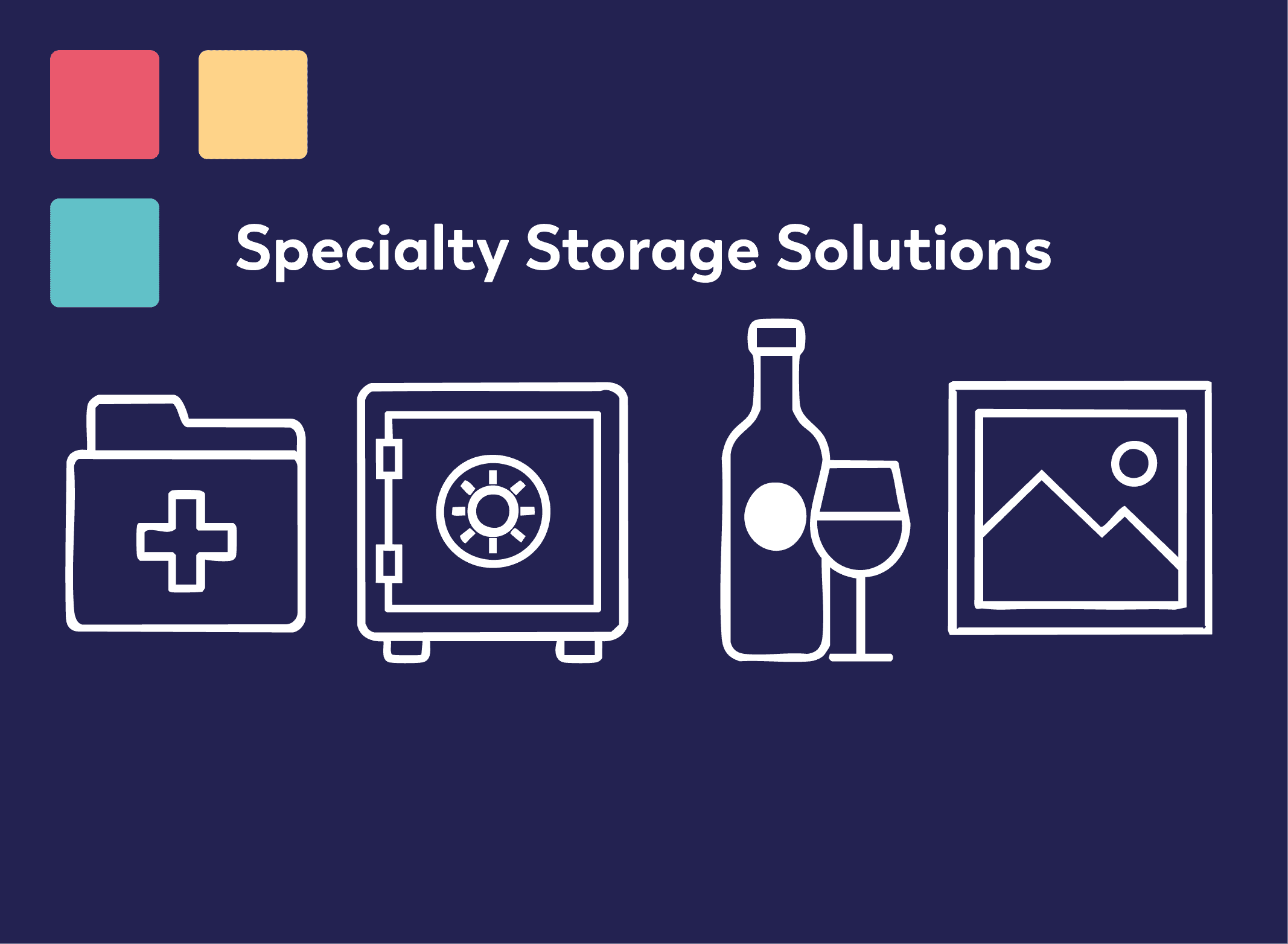 Graphic illustrating specialty storage solutions including medical records, secure valuables, wine collections, and artwork, with clean line icons on a dark background.