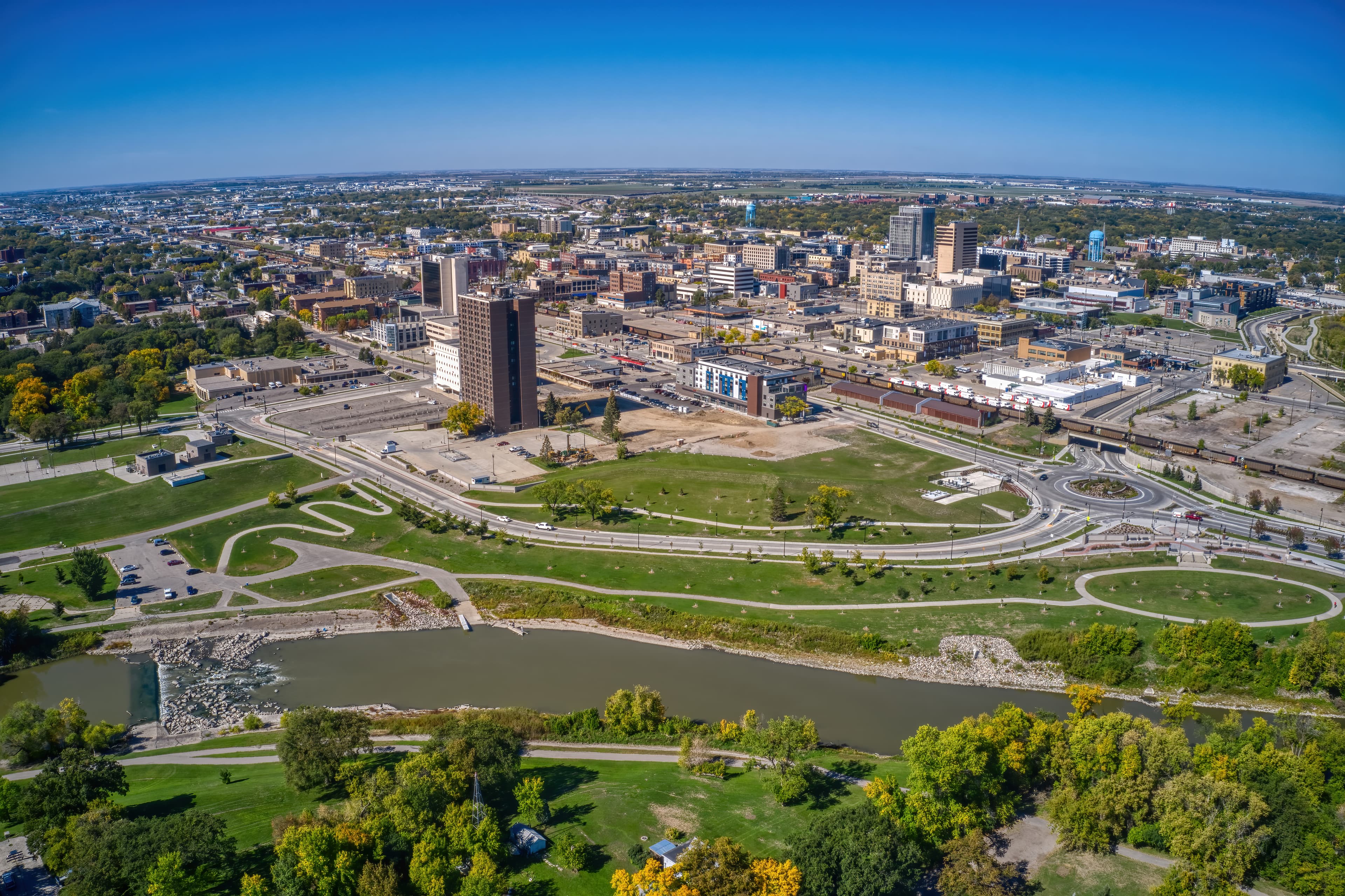 Aerial view of downtown Fargo, North Dakota with riverfront and commercial districts, representing local records management, storage, and shredding service coverage in the Fargo market.