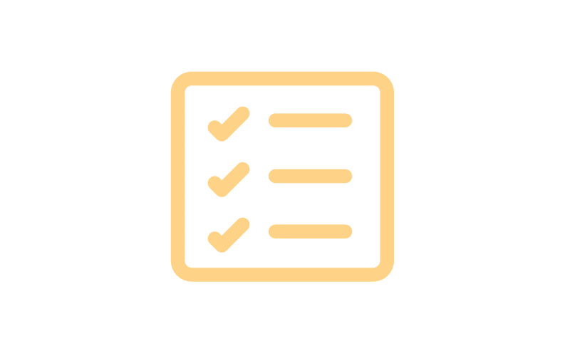 A simple icon of a checklist, featuring three checkmarks next to horizontal lines, all in a yellow color against a white background.