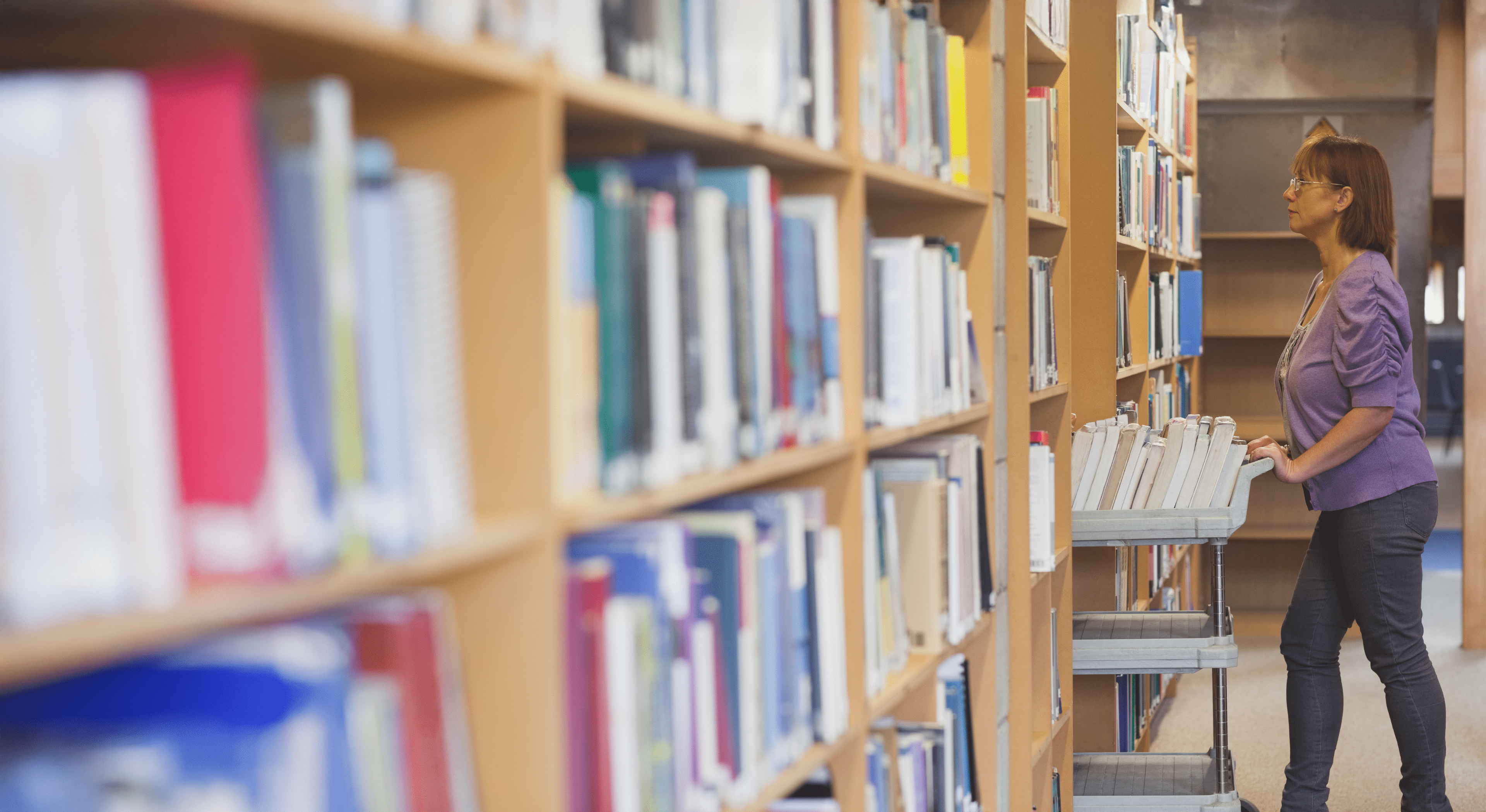 A librarian or archivist in a purple sweater and glasses organizing books on a cart in a library, surrounded by tall bookshelves filled with colorful books.