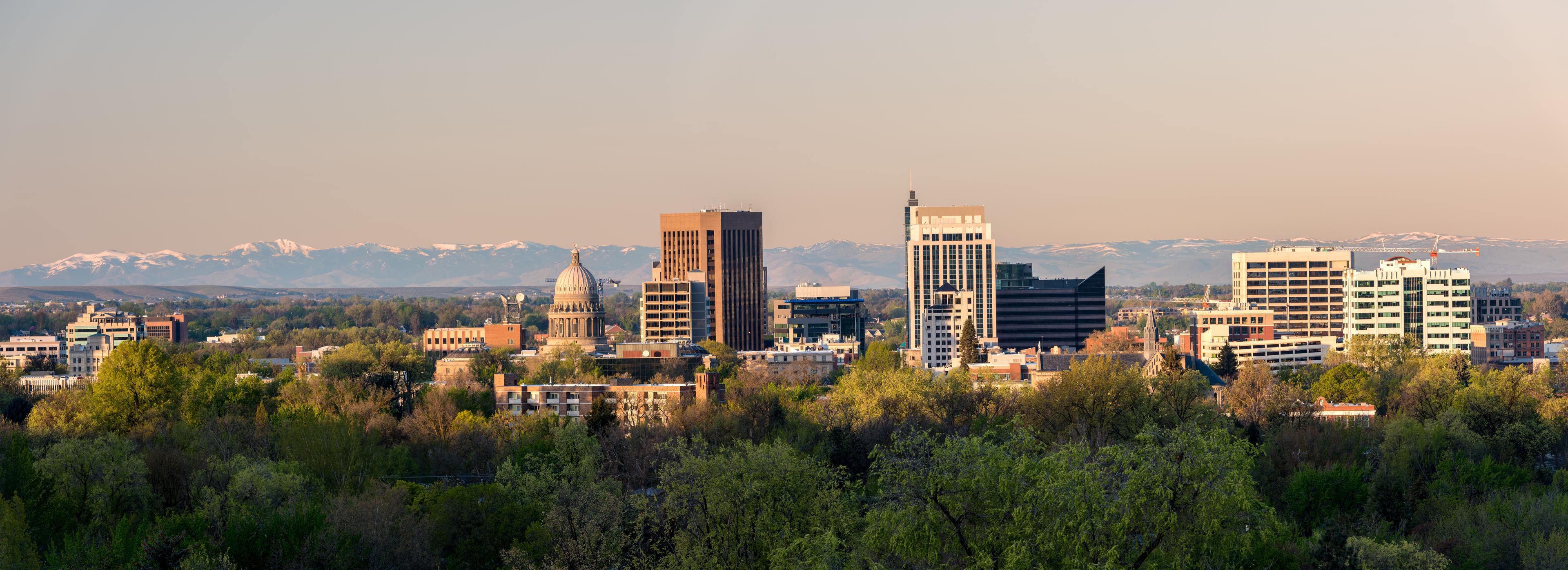 Panoramic view of downtown Boise, Idaho, showcasing the Idaho State Capitol and modern buildings framed by lush greenery and distant snow-capped mountains under a soft evening light.