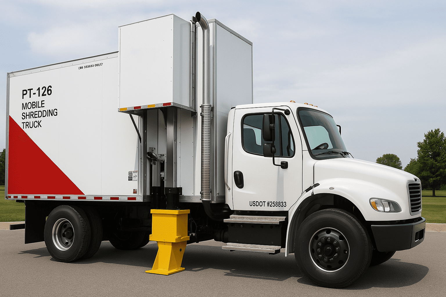 White mobile shredding truck with secure document destruction system, parked outdoors on pavement.