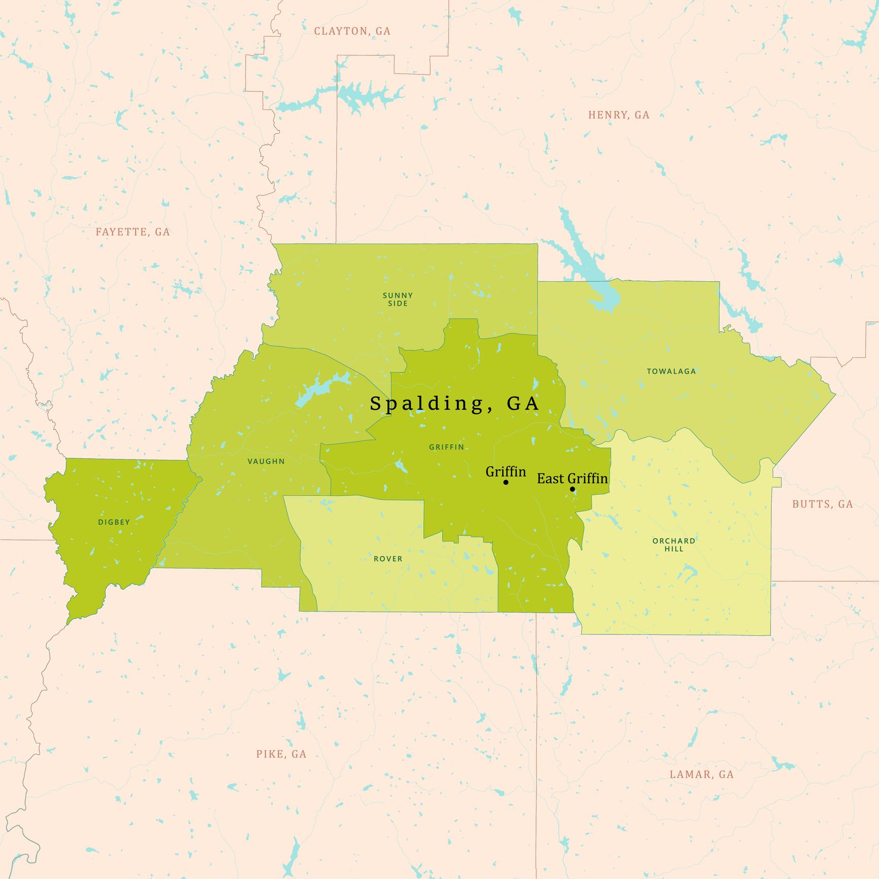 A labeled map of Spalding County, Georgia, featuring Griffin, East Griffin, and other communities, along with bordering counties for regional context.