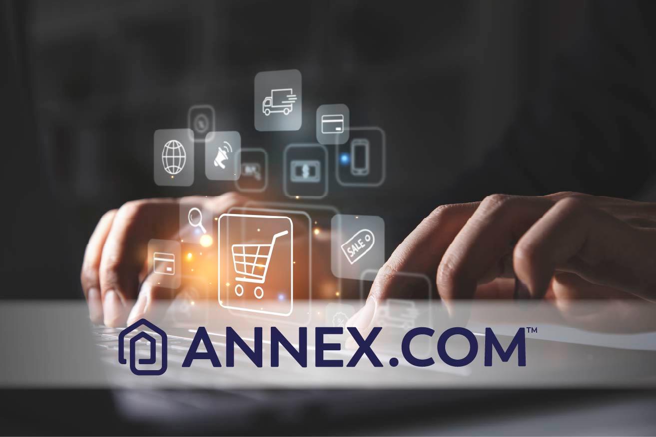 Hands typing on a keyboard with digital ecommerce icons overlaid and the ANNEX.com logo prominently displayed, representing a streamlined online records management and procurement experience.


