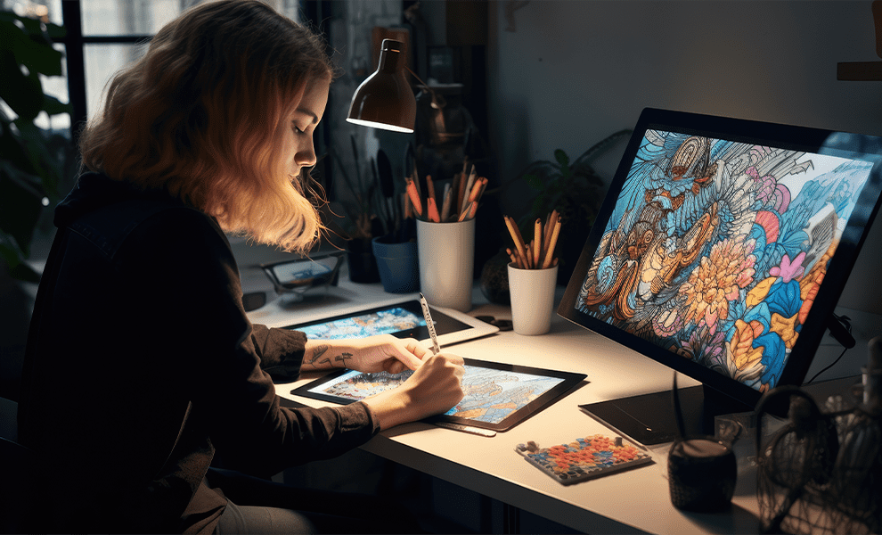 A female artist drawing at a desk on her tablet with the artwork displayed on a larger computer screen. 


