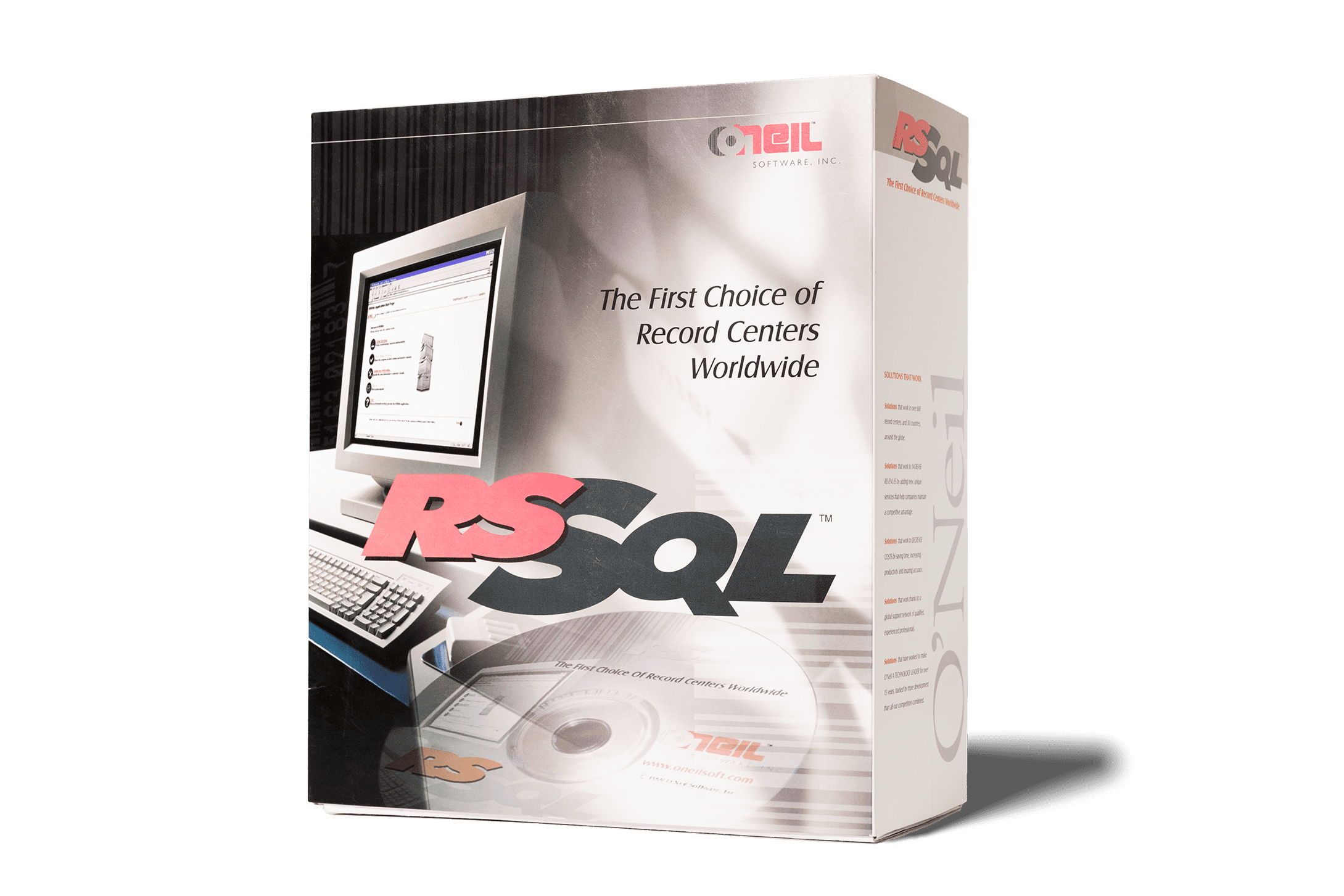 A box containing the RS-SQL records management software designed by O'Neil Software.  